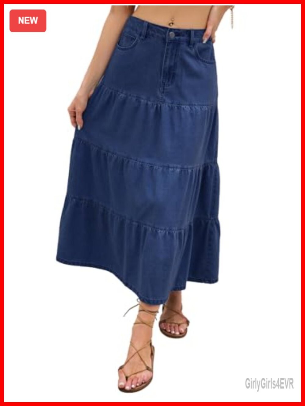 Tiered Denim Maxi Skirt High Rise A-Line Button Down Long Summer